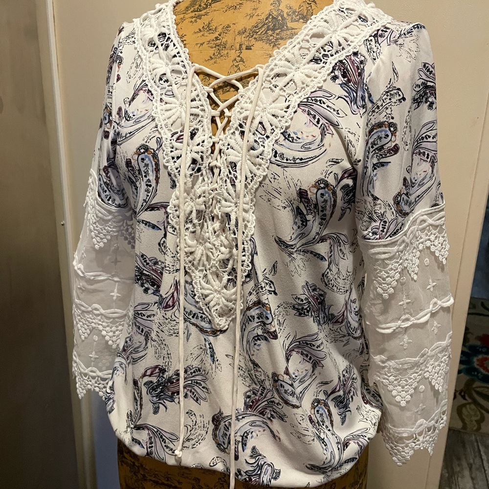 White House Black Market White Paisley Lace-Up Blouse